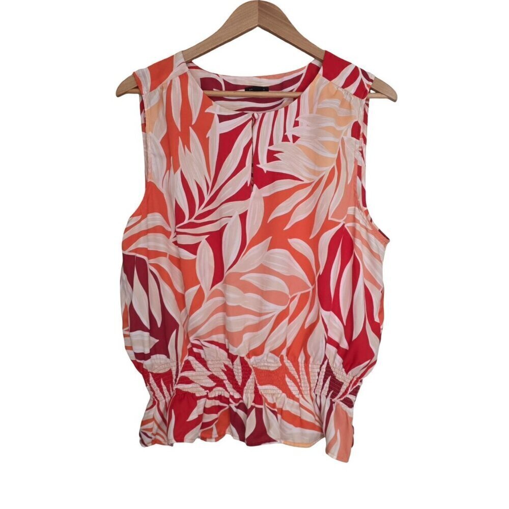 Women's - Ann Taylor Tropical Split Neck Smocked Waist Top, Size XL - Picture 3 of 9